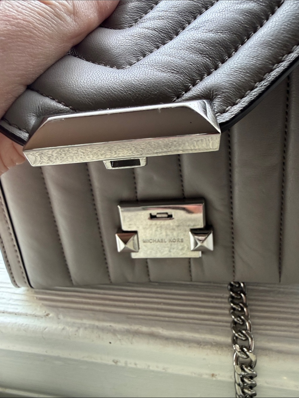 Michael Kors Taupe Quilted Leather Crossbody with Silver Chain - Picture 5 of 5